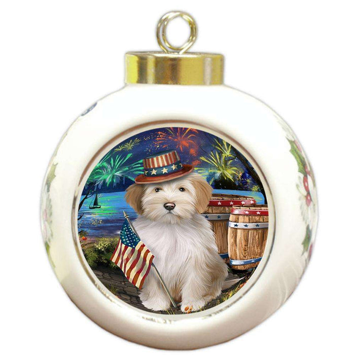 4th of July Independence Day Fireworks Tibetan Terrier Dog at the Lake Round Ball Christmas Ornament RBPOR51236