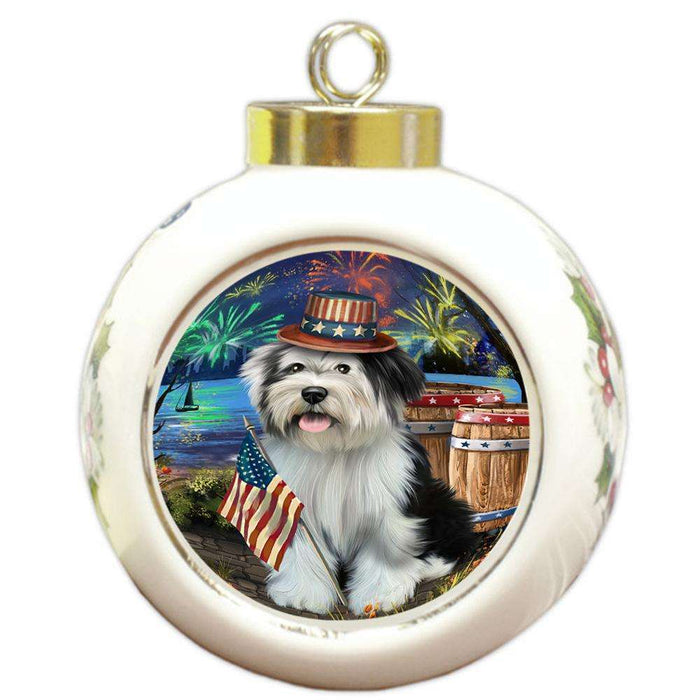 4th of July Independence Day Fireworks Tibetan Terrier Dog at the Lake Round Ball Christmas Ornament RBPOR51237