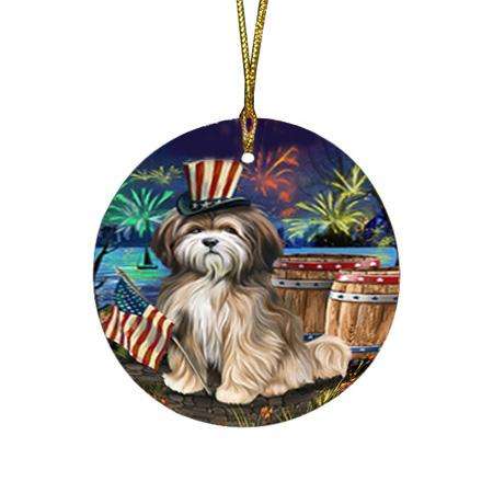 4th of July Independence Day Fireworks Tibetan Terrier Dog at the Lake Round Flat Christmas Ornament RFPOR51224