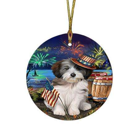4th of July Independence Day Fireworks Tibetan Terrier Dog at the Lake Round Flat Christmas Ornament RFPOR51225