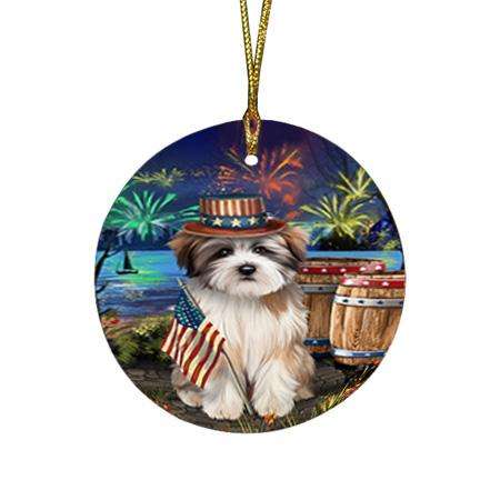 4th of July Independence Day Fireworks Tibetan Terrier Dog at the Lake Round Flat Christmas Ornament RFPOR51226