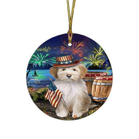 4th of July Independence Day Fireworks Tibetan Terrier Dog at the Lake Round Flat Christmas Ornament RFPOR51227