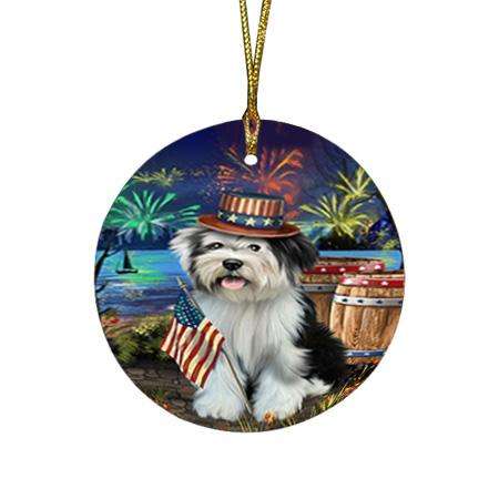 4th of July Independence Day Fireworks Tibetan Terrier Dog at the Lake Round Flat Christmas Ornament RFPOR51228