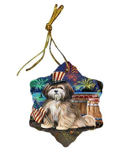4th of July Independence Day Fireworks Tibetan Terrier Dog at the Lake Star Porcelain Ornament SPOR51225