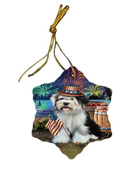4th of July Independence Day Fireworks Tibetan Terrier Dog at the Lake Star Porcelain Ornament SPOR51229
