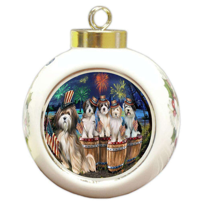 4th of July Independence Day Fireworks Tibetan Terriers at the Lake Round Ball Christmas Ornament RBPOR51056