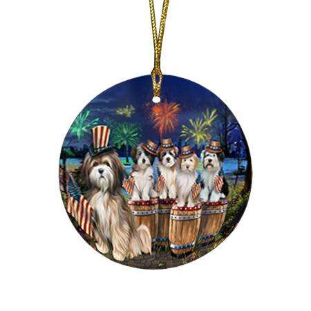 4th of July Independence Day Fireworks Tibetan Terriers at the Lake Round Flat Christmas Ornament RFPOR51047