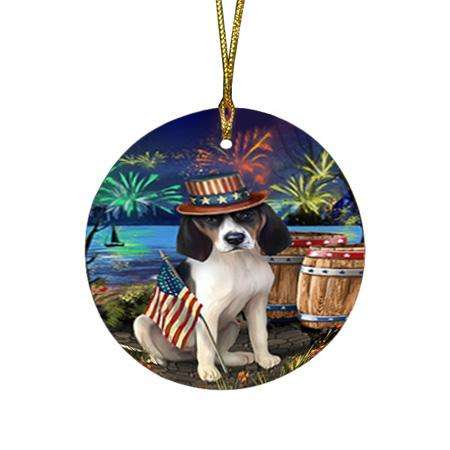 4th of July Independence Day Fireworks Treeing Walker Coonhound Dog at the Lake Round Flat Christmas Ornament RFPOR51230