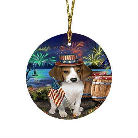 4th of July Independence Day Fireworks Treeing Walker Coonhound Dog at the Lake Round Flat Christmas Ornament RFPOR51231