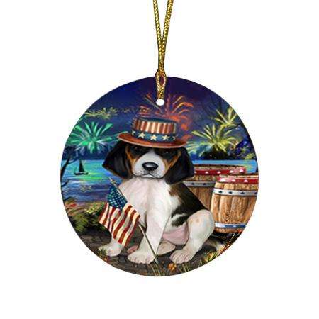 4th of July Independence Day Fireworks Treeing Walker Coonhound Dog at the Lake Round Flat Christmas Ornament RFPOR51233