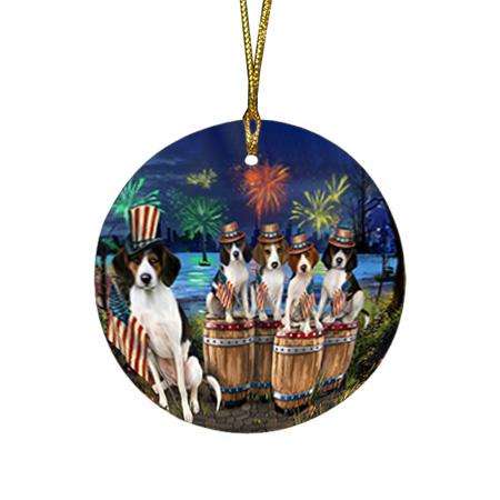 4th of July Independence Day Fireworks Treeing Walker Coonhounds at the Lake Round Flat Christmas Ornament RFPOR51048