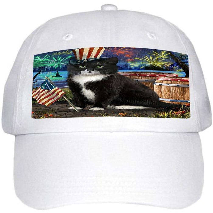 4th of July Independence Day Fireworks Tuxedo Cat at the Lake Ball Hat Cap HAT57462