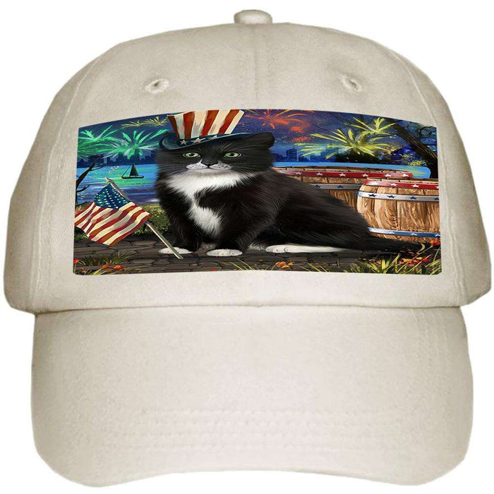 4th of July Independence Day Fireworks Tuxedo Cat at the Lake Ball Hat Cap HAT57462