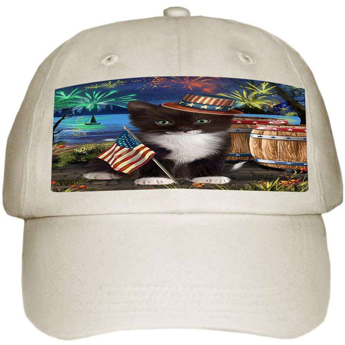 4th of July Independence Day Fireworks Tuxedo Cat at the Lake Ball Hat Cap HAT57465