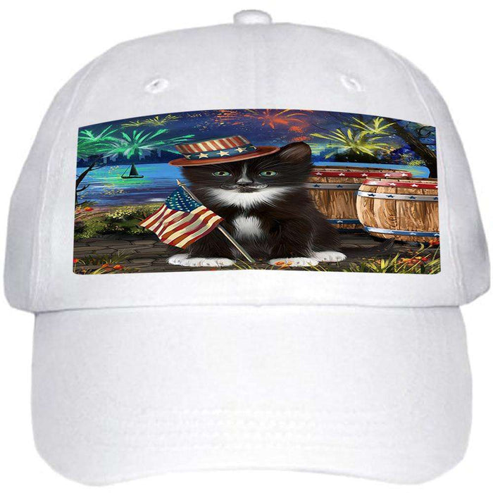 4th of July Independence Day Fireworks Tuxedo Cat at the Lake Ball Hat Cap HAT57468
