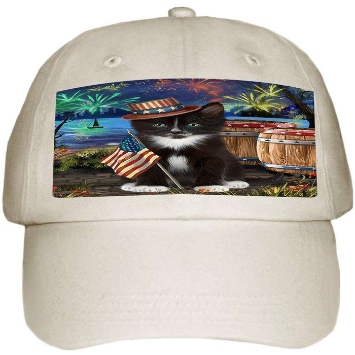 4th of July Independence Day Fireworks Tuxedo Cat at the Lake Ball Hat Cap HAT57468