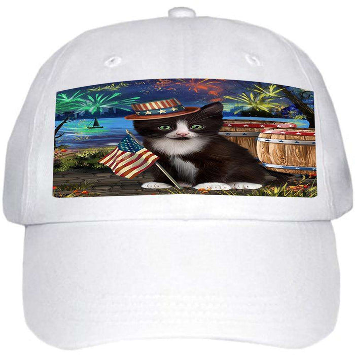 4th of July Independence Day Fireworks Tuxedo Cat at the Lake Ball Hat Cap HAT57471
