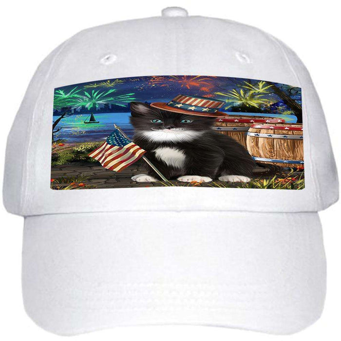 4th of July Independence Day Fireworks Tuxedo Cat at the Lake Ball Hat Cap HAT57474