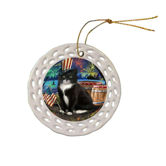 4th of July Independence Day Fireworks Tuxedo Cat at the Lake Ceramic Doily Ornament DPOR51243