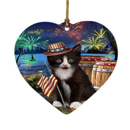 4th of July Independence Day Fireworks Tuxedo Cat at the Lake Heart Christmas Ornament HPOR51246