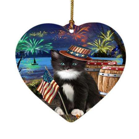 4th of July Independence Day Fireworks Tuxedo Cat at the Lake Heart Christmas Ornament HPOR51247