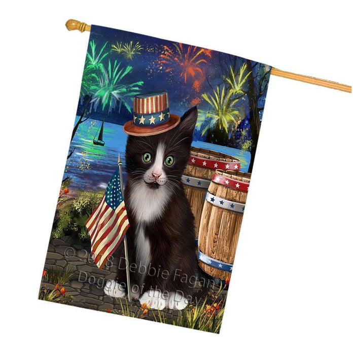 4th of July Independence Day Fireworks Tuxedo Cat at the Lake House Flag FLG51304