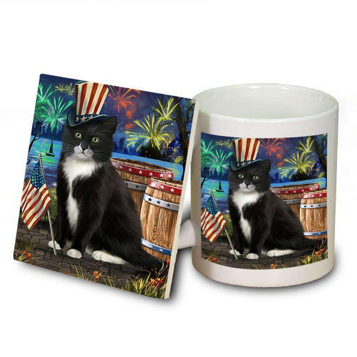 4th of July Independence Day Fireworks Tuxedo Cat at the Lake Mug and Coaster Set MUC51235