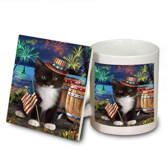 4th of July Independence Day Fireworks Tuxedo Cat at the Lake Mug and Coaster Set MUC51236