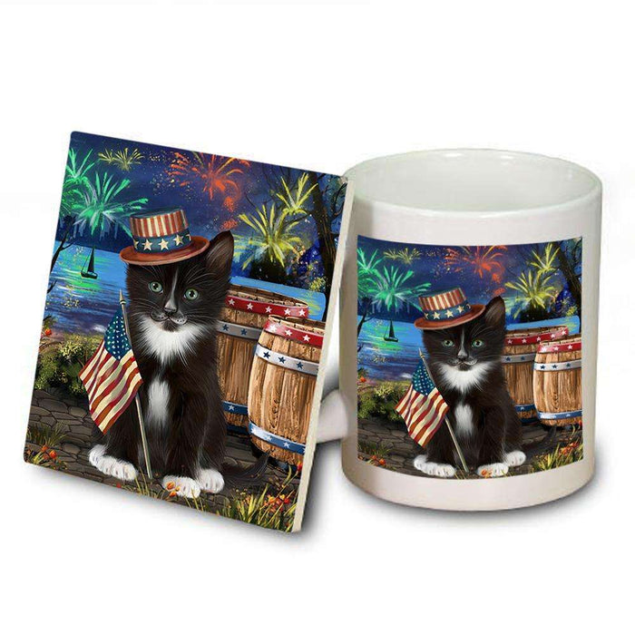 4th of July Independence Day Fireworks Tuxedo Cat at the Lake Mug and Coaster Set MUC51237