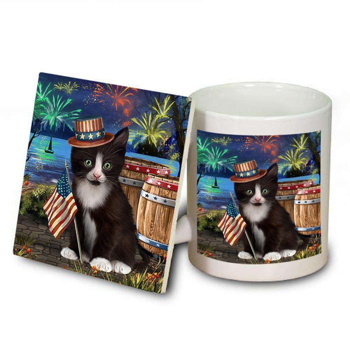 4th of July Independence Day Fireworks Tuxedo Cat at the Lake Mug and Coaster Set MUC51238