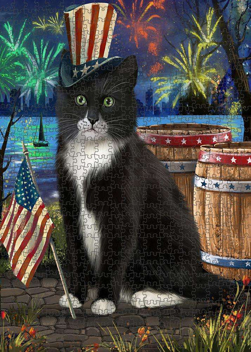 4th of July Independence Day Fireworks Tuxedo Cat at the Lake Puzzle with Photo Tin PUZL57591