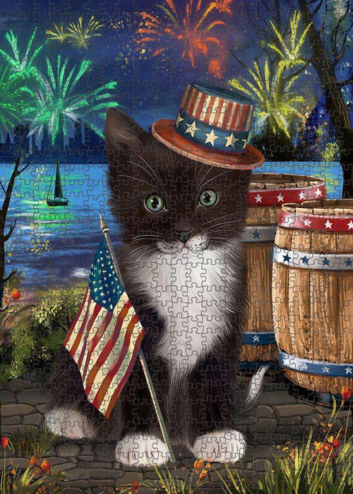 4th of July Independence Day Fireworks Tuxedo Cat at the Lake Puzzle with Photo Tin PUZL57594