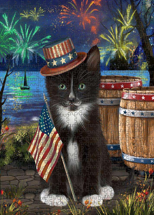 4th of July Independence Day Fireworks Tuxedo Cat at the Lake Puzzle with Photo Tin PUZL57597