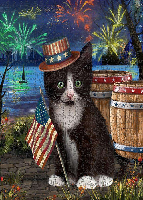 4th of July Independence Day Fireworks Tuxedo Cat at the Lake Puzzle with Photo Tin PUZL57600