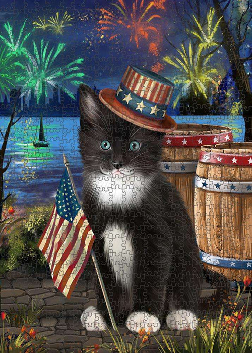 4th of July Independence Day Fireworks Tuxedo Cat at the Lake Puzzle with Photo Tin PUZL57603