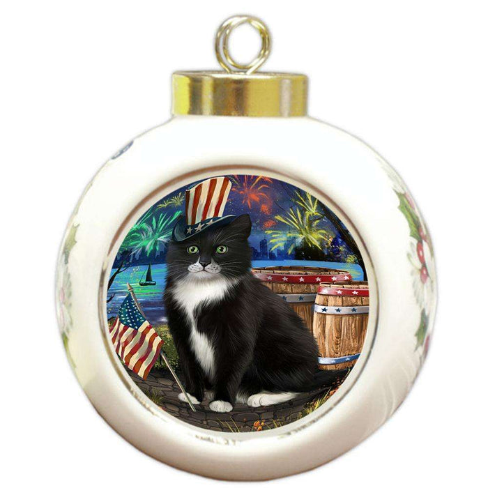 4th of July Independence Day Fireworks Tuxedo Cat at the Lake Round Ball Christmas Ornament RBPOR51243
