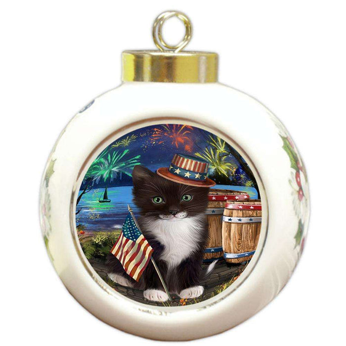4th of July Independence Day Fireworks Tuxedo Cat at the Lake Round Ball Christmas Ornament RBPOR51244