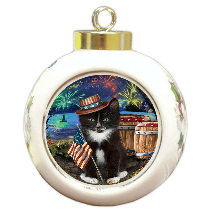 4th of July Independence Day Fireworks Tuxedo Cat at the Lake Round Ball Christmas Ornament RBPOR51245
