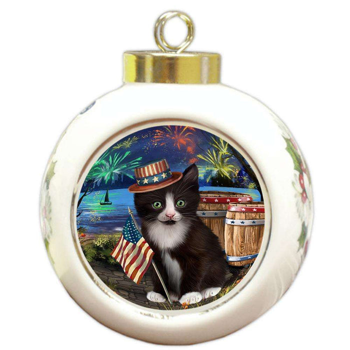 4th of July Independence Day Fireworks Tuxedo Cat at the Lake Round Ball Christmas Ornament RBPOR51246
