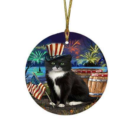4th of July Independence Day Fireworks Tuxedo Cat at the Lake Round Flat Christmas Ornament RFPOR51234