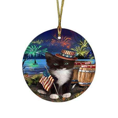 4th of July Independence Day Fireworks Tuxedo Cat at the Lake Round Flat Christmas Ornament RFPOR51235