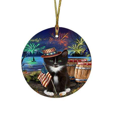 4th of July Independence Day Fireworks Tuxedo Cat at the Lake Round Flat Christmas Ornament RFPOR51236