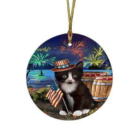 4th of July Independence Day Fireworks Tuxedo Cat at the Lake Round Flat Christmas Ornament RFPOR51237