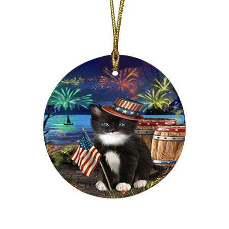 4th of July Independence Day Fireworks Tuxedo Cat at the Lake Round Flat Christmas Ornament RFPOR51238
