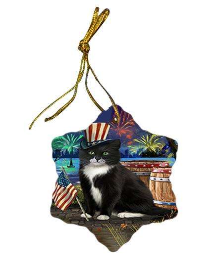 4th of July Independence Day Fireworks Tuxedo Cat at the Lake Star Porcelain Ornament SPOR51235