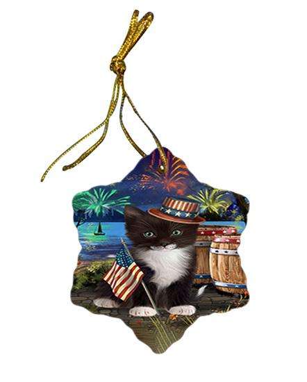 4th of July Independence Day Fireworks Tuxedo Cat at the Lake Star Porcelain Ornament SPOR51236