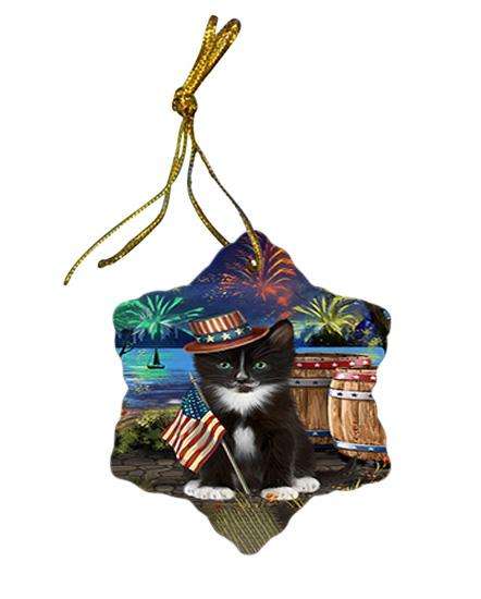 4th of July Independence Day Fireworks Tuxedo Cat at the Lake Star Porcelain Ornament SPOR51237