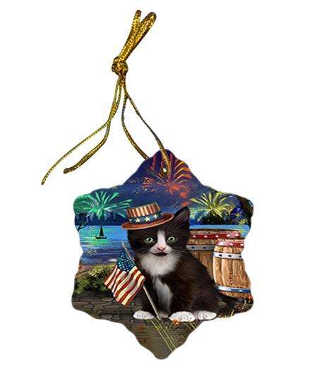 4th of July Independence Day Fireworks Tuxedo Cat at the Lake Star Porcelain Ornament SPOR51238