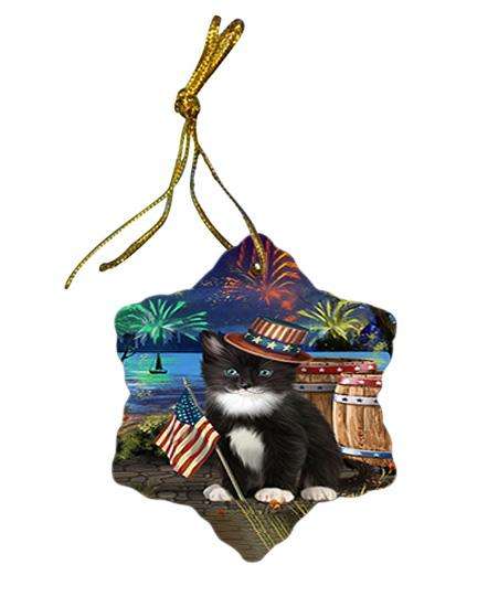 4th of July Independence Day Fireworks Tuxedo Cat at the Lake Star Porcelain Ornament SPOR51239