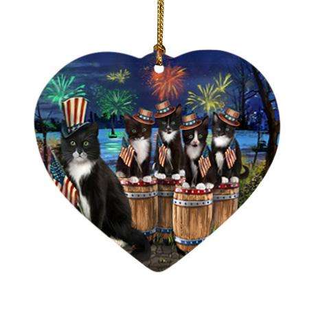 4th of July Independence Day Fireworks Tuxedo Cats at the Lake Heart Christmas Ornament HPOR51058